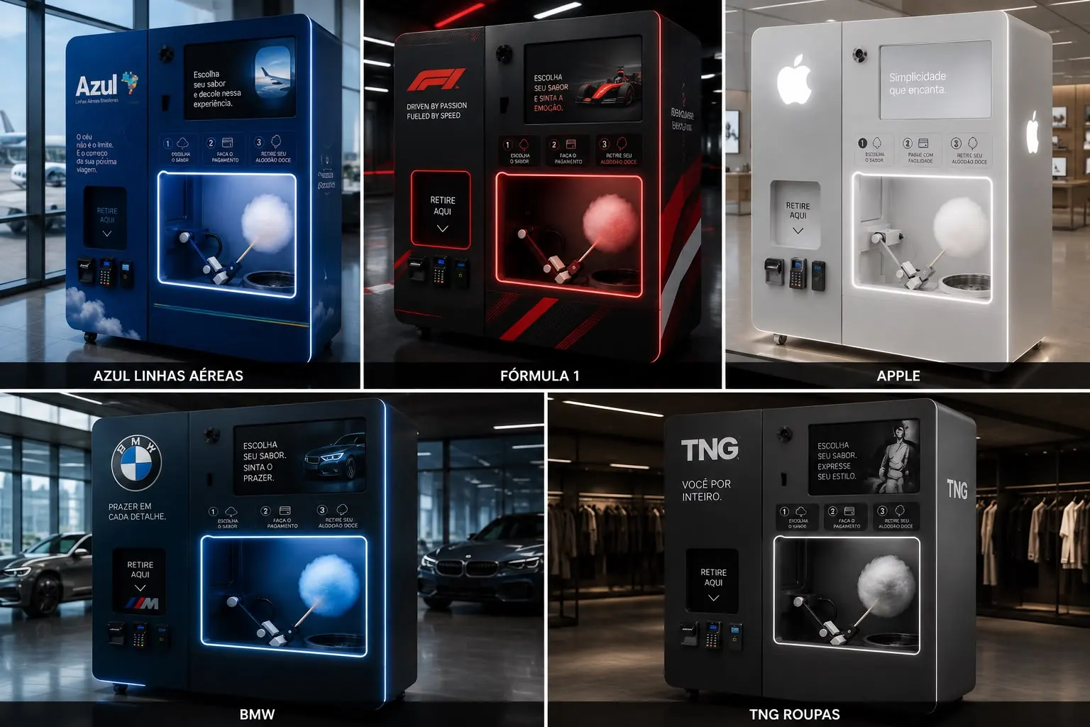 Cinco simulações de envelopamento da mesma máquina para marcas diferentes.