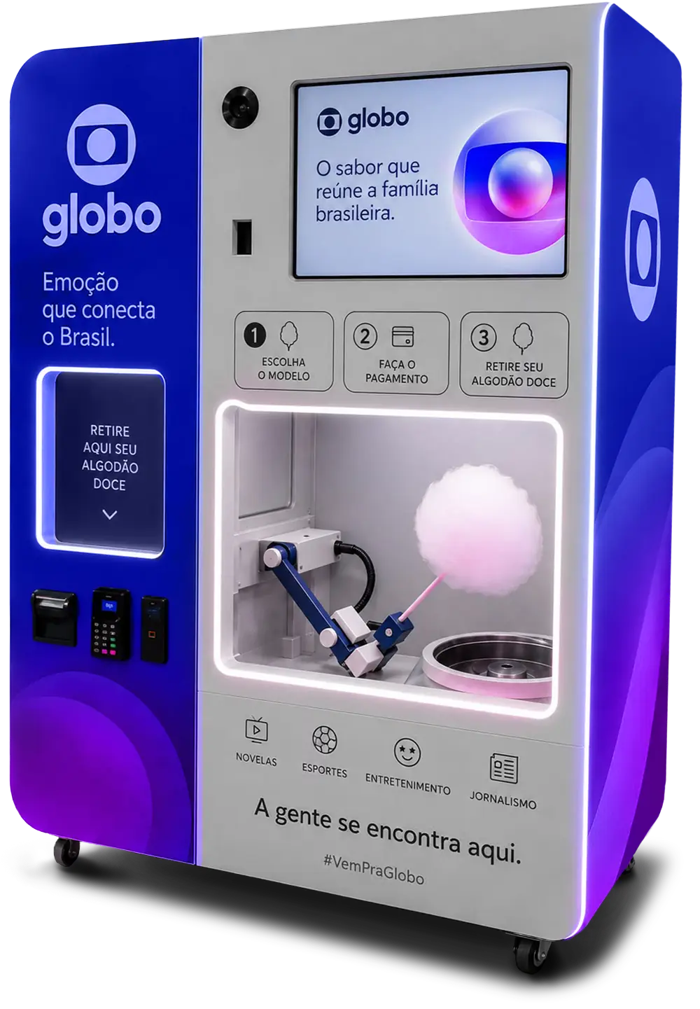 Máquina robótica Cotton Show envelopada com a identidade da Globo, com a tela exibindo o conteúdo do cliente e o algodão doce pronto na câmara iluminada.