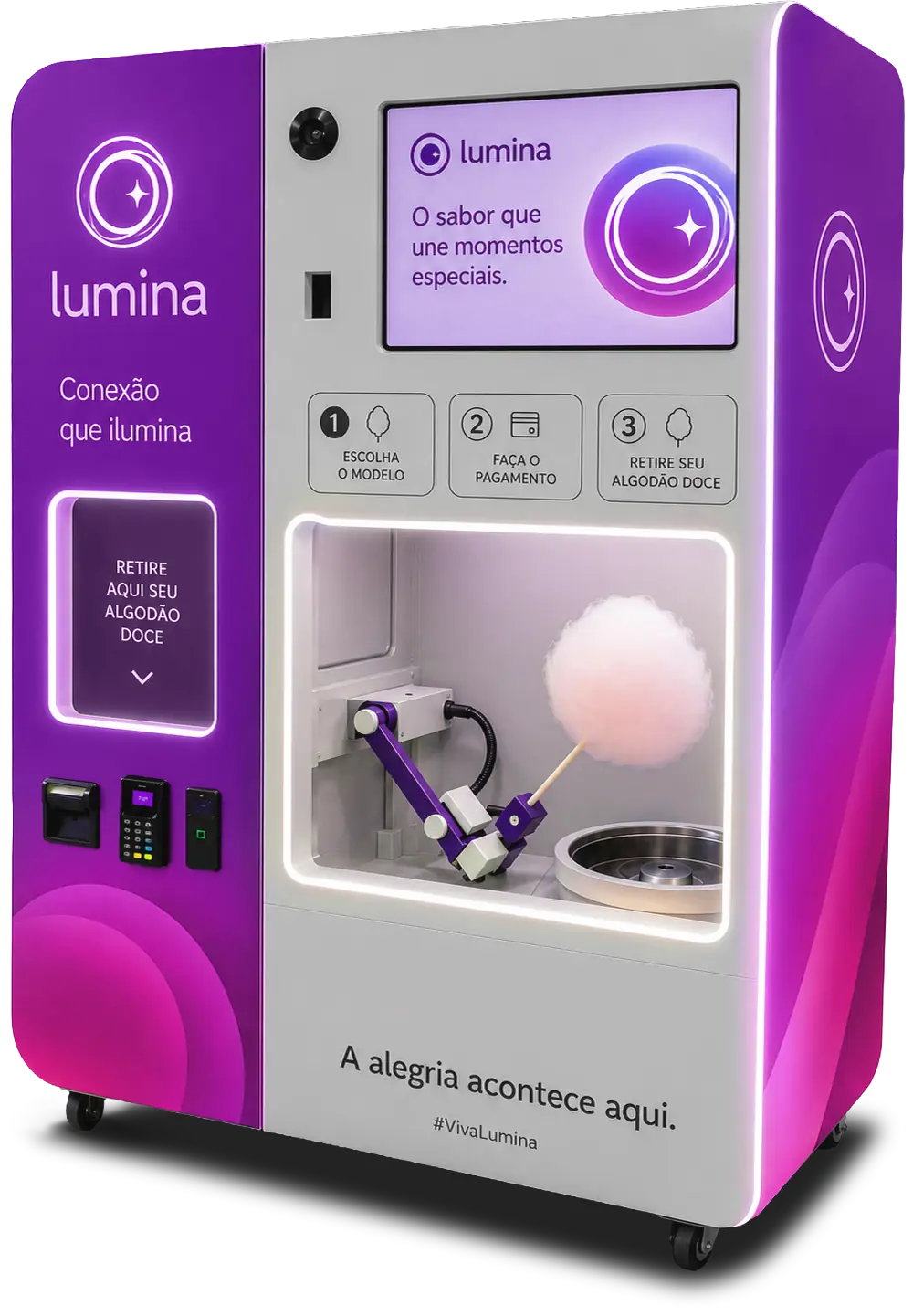 Máquina robótica Cotton Show vista em três quartos, com a câmara de produção iluminada.